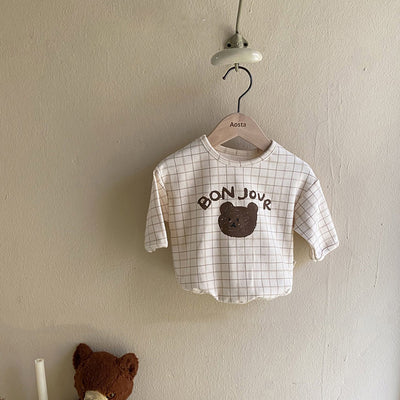Boys And Girls Bear Top Plaid Loose Baby Long-sleeved T-shirt