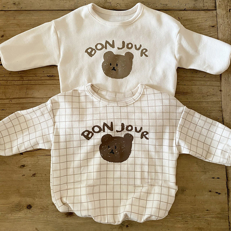 Boys And Girls Bear Top Plaid Loose Baby Long-sleeved T-shirt
