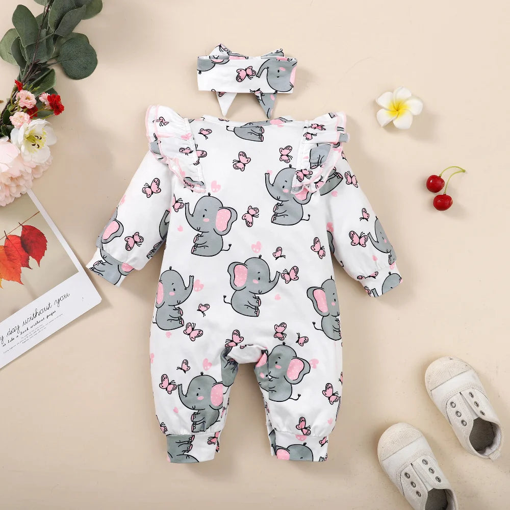 Elephant Baby Girl Romper with Headband – Long Sleeve Bodysuit | 0-18 Months