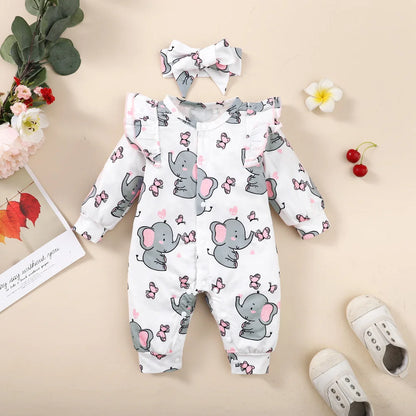 Elephant Baby Girl Romper with Headband – Long Sleeve Bodysuit | 0-18 Months