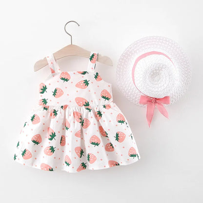 Summer Girls New Sling Dress Sweet Strawberry Big Bow Cotton Cloth Skirt Comes with Hat Suitable for 0-3 Year Old Babies