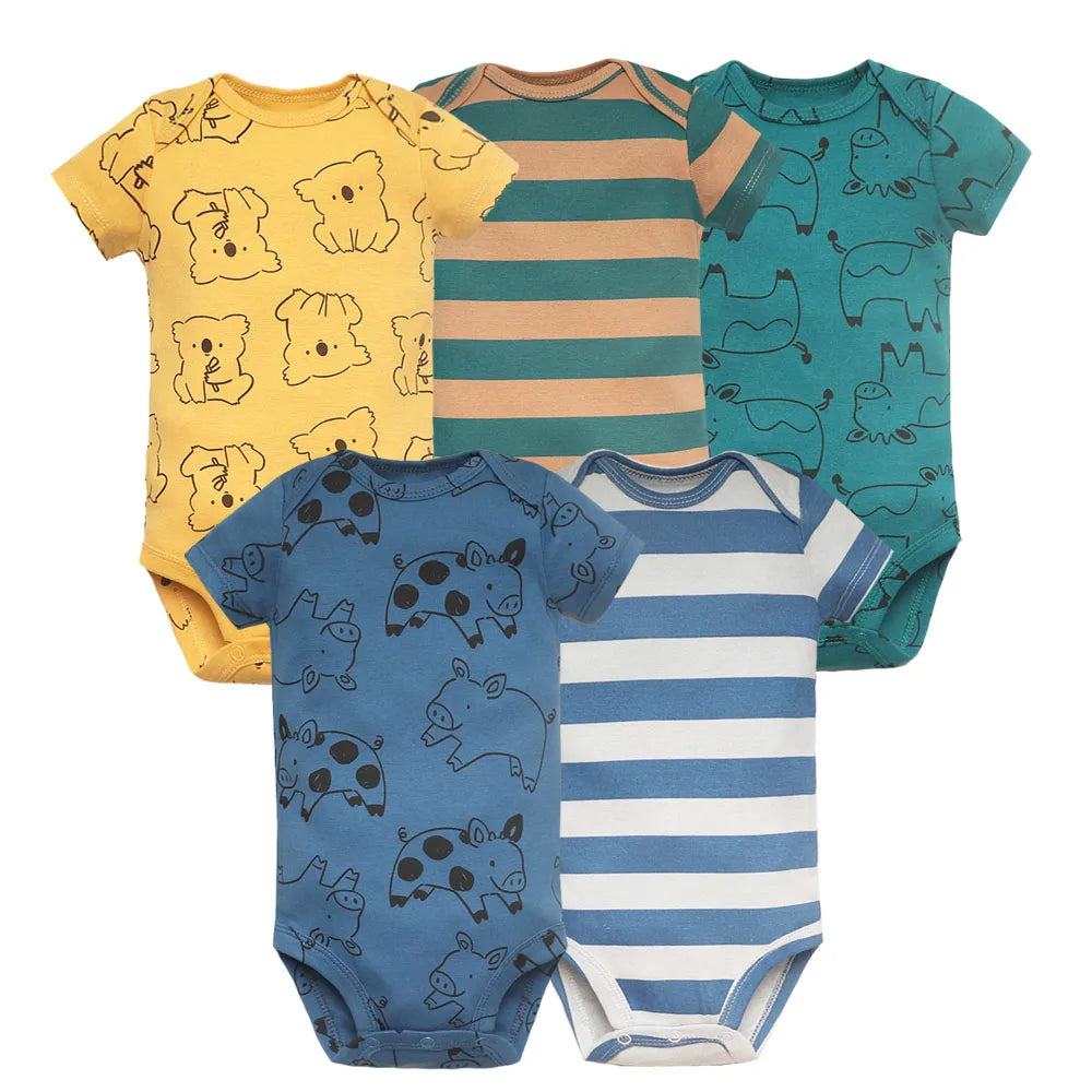 5-Pack Cotton Baby Bodysuits – Soft Short Sleeve Set for Summer | 0-24 Months