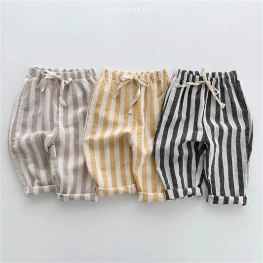 Vintage Linen Cotton Stripe Pants with Elastics Waist