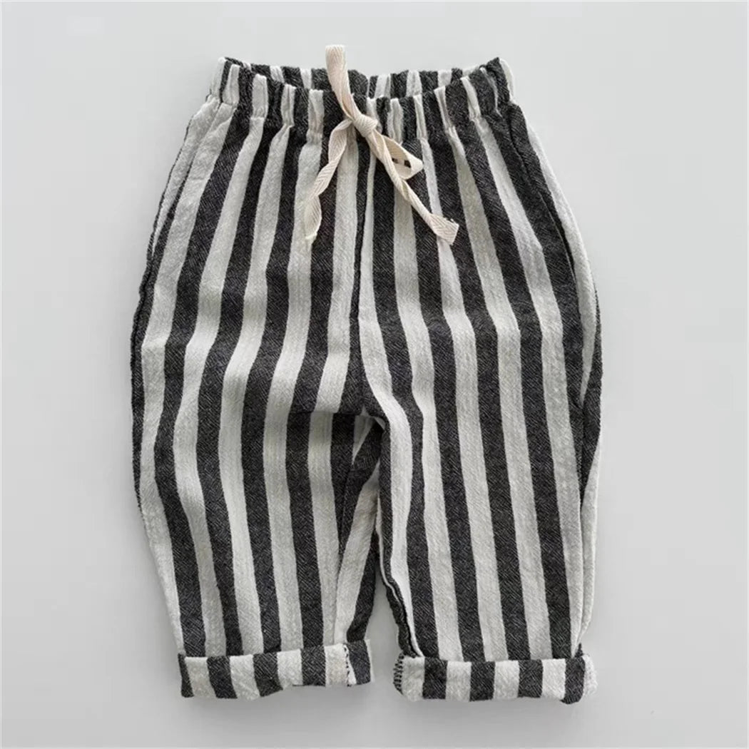 Vintage Linen Cotton Stripe Pants with Elastics Waist