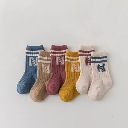 Cute Stripe & Letter Baby Socks – 3 Pairs | Soft Cotton Knee High Socks