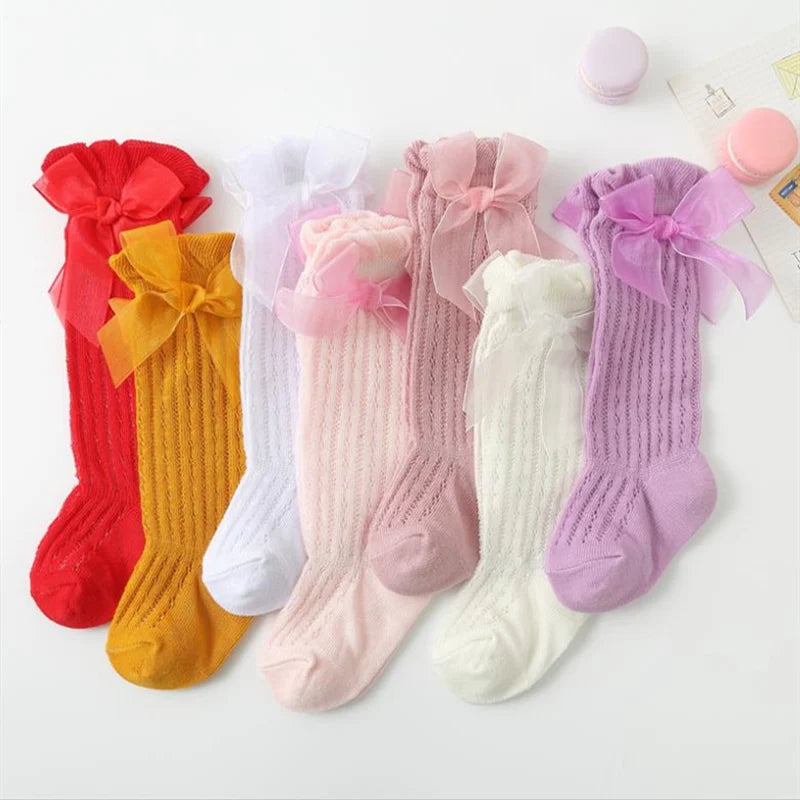 Infant Baby Girls Long Stockings Princess Solid Color Cute Bowknot Breathable Loose Mouth Socks Over-The-Knee Socks 0-24M