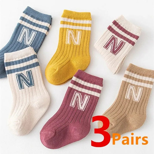 Cute Stripe & Letter Baby Socks – 3 Pairs | Soft Cotton Knee High Socks