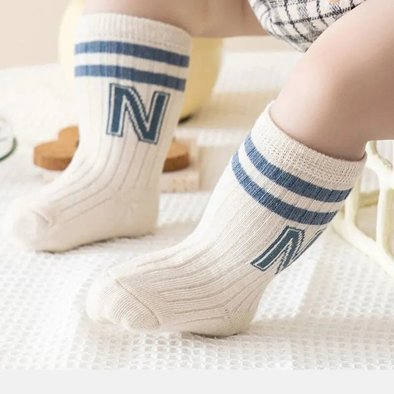 Cute Stripe & Letter Baby Socks – 3 Pairs | Soft Cotton Knee High Socks