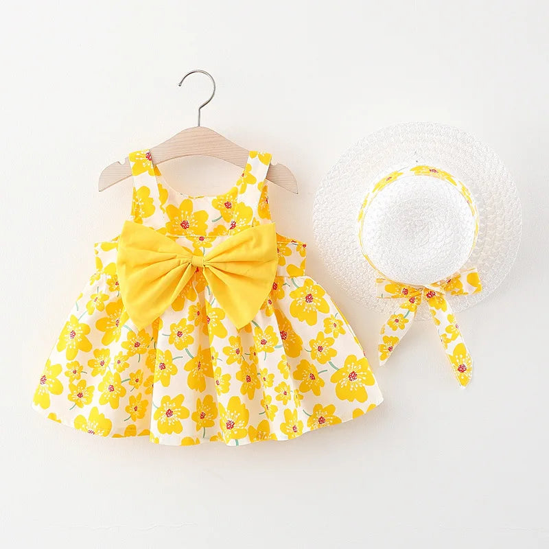 Summer Newborn Baby Clothes Toddler Girl Clothes Cotton Beach Suspender Dress+Sun Hat Princess Dresses