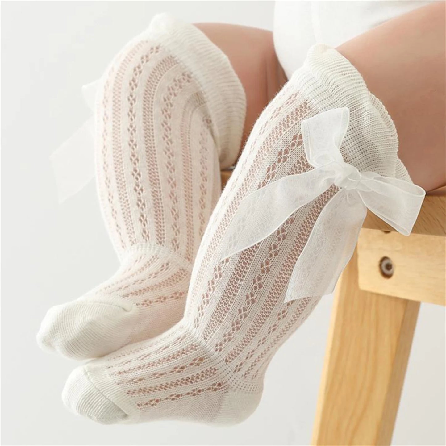 Infant Baby Girls Long Stockings Princess Solid Color Cute Bowknot Breathable Loose Mouth Socks Over-The-Knee Socks 0-24M