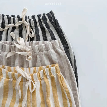 Vintage Linen Cotton Stripe Pants with Elastics Waist