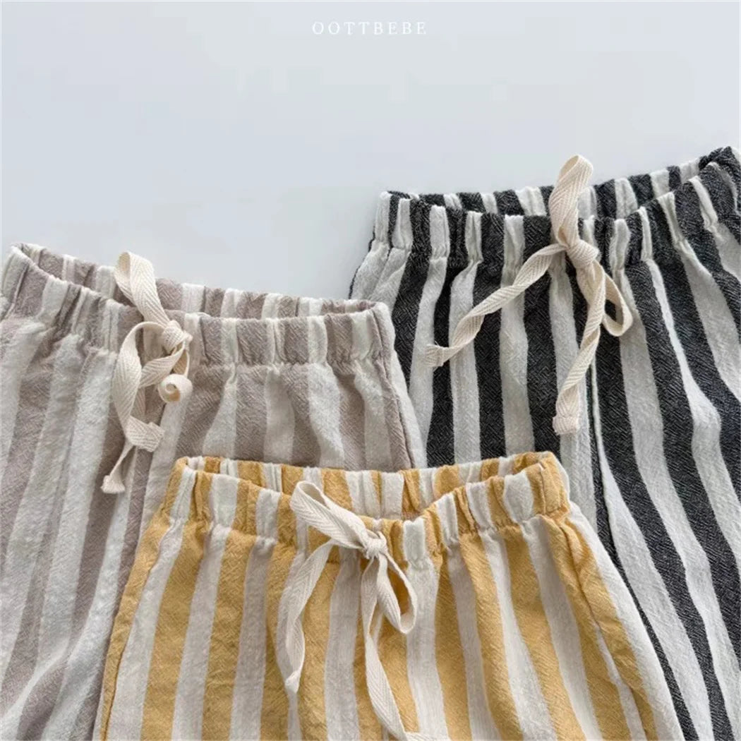 Vintage Linen Cotton Stripe Pants with Elastics Waist